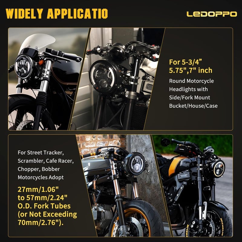 LEDOPPO Motorcycle Headlight Brackets With Clamps Fit Cafe Racer,Chopper,Bobber,Street Tracker,Scrambler Motorcycle with 27mm to 70mm O.D. Fork,7",5.75",5-3/4" Side Fork Mount Headlight Bracket - Image 3